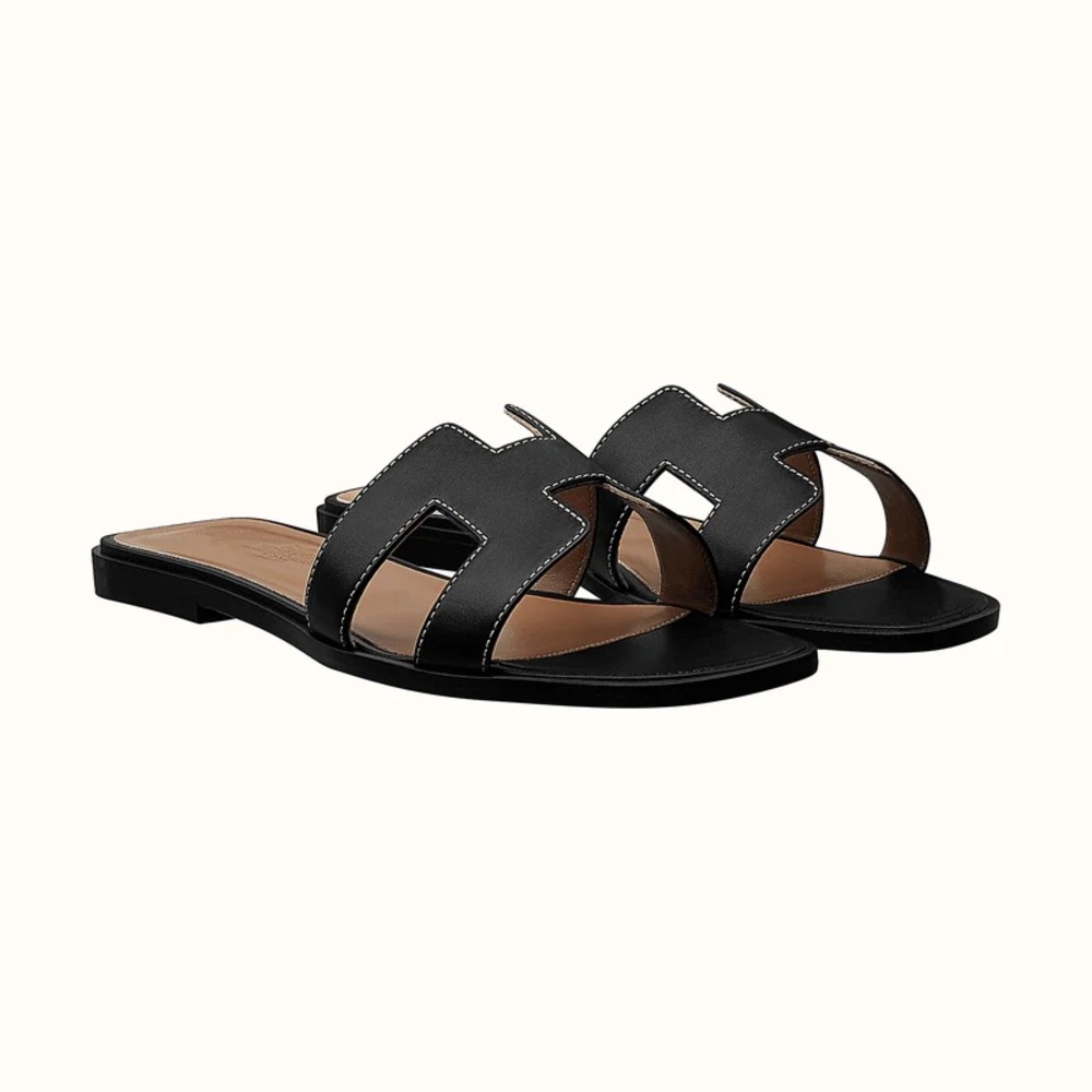 Hermes Black Oran Leather Slide Sandals